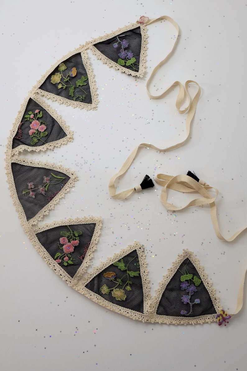 Flowers Embroidery Garland, Tulle Bunting Banner, Nursery and Kids Room Decor, Baby Shower Girl Boy Gift Black