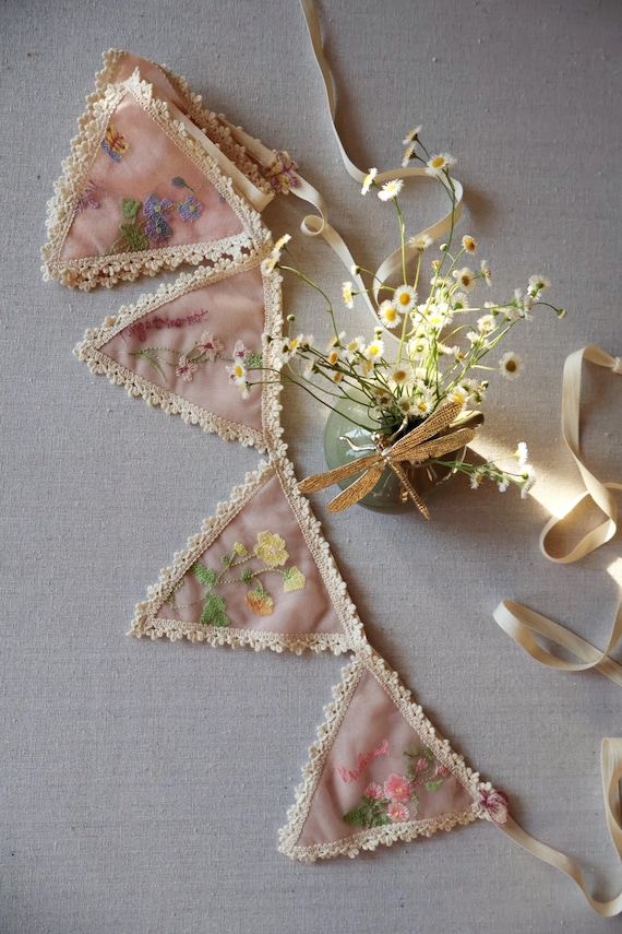 Flowers Embroidery Garland, Tulle Bunting Banner, Nursery and Kids Room Decor, Baby Shower Girl Boy Gift
