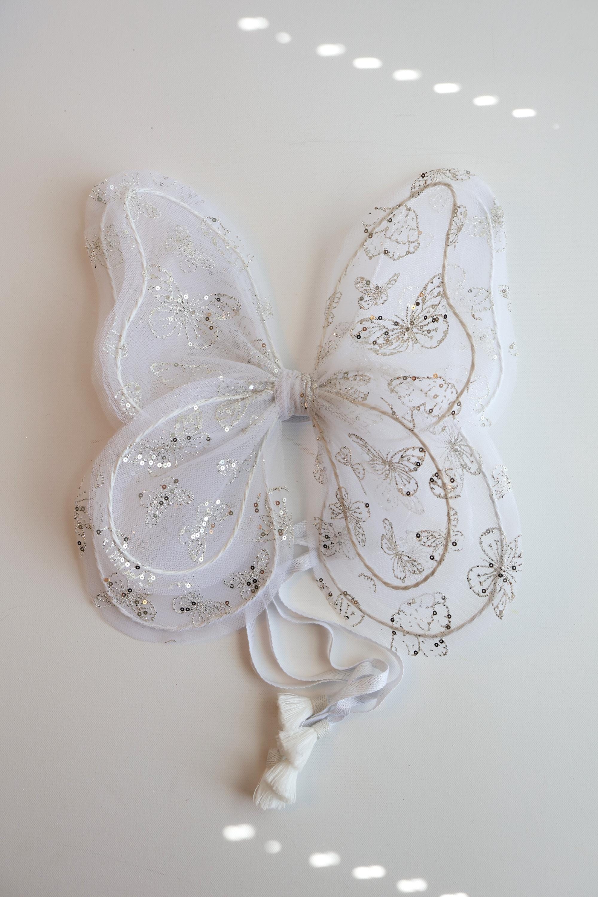 Silver Sparkly Butterfly Wings, White Fairy Costume Set, Glitter Butterfly Wand, Flower Crown & Headband, Woodland Fairy Photo Prop Gift
