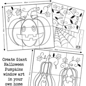 May include: Black and white printable template for creating giant Halloween pumpkin window art. The template includes two pumpkins with jack-o-lantern faces, vines, and a spider web. The template is designed to be used with chalk.