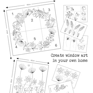 May include: Black and white line art design template for creating window art. The design features a floral wreath with daffodils, leaves, and other botanical elements. The template is divided into six sections, each measuring 60 cm by 60 cm. The design also includes a separate template for a dandelion design, measuring 42 cm by 60 cm. The text "Create window art in your own home" is included in the design.