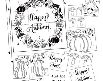Raamkunst herfst, gids voor herfstcirkel, gids voor pompoenramen, raamkunst, gids voor raamschilderen, herfstkranssjabloon, pompoenen