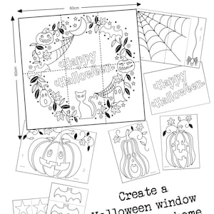May include: Black and white printable Halloween window art design. The design includes a wreath with pumpkins, bats, ghosts, and a cat. There are also separate printable designs for pumpkins, bats, and a spider web.