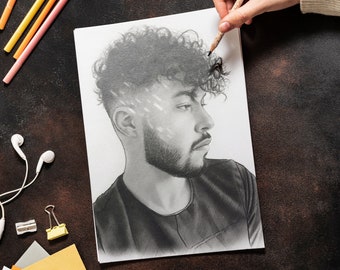 Portrait photo au crayon - dessin au crayon personnalisé, cadeau personnalisé, oeuvre de portrait dessinée à la main en noir et blanc, idée cadeau unique