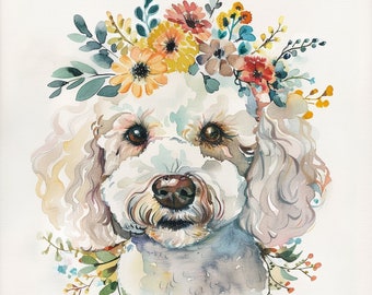Floral Pet Portrait, Custom Floral Dog, Custom dog art, Custom Pet Portrait Canvas Picture Painting, Cute Dog Portrait Painting, Dog Lover