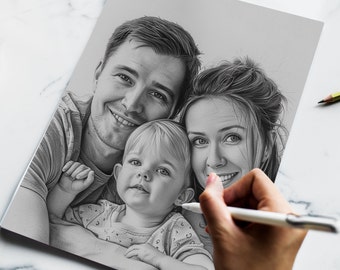 Potlood familieportret, grafietportret van foto, zwart-wit tekening, aangepaste portret verjaardag, jubileum, huwelijksgeschenken