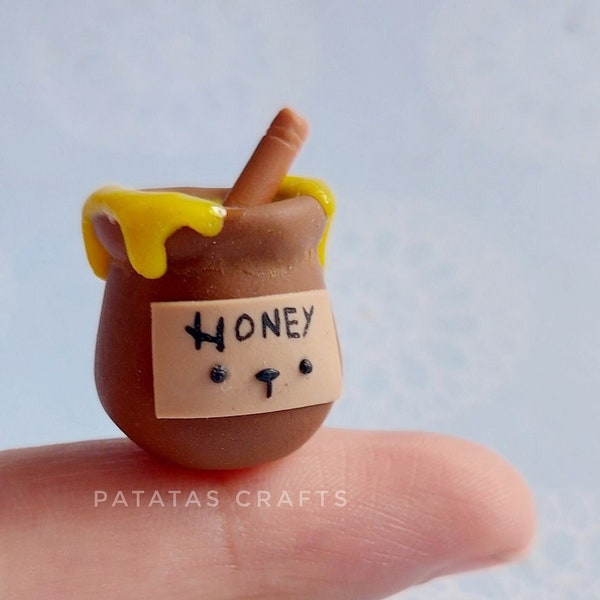 Keychain, Charm - Honey Jar with Kawaii bear face and Honeycomb Polymer Clay