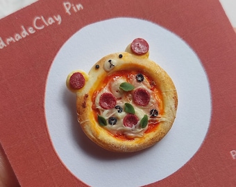 Pin - Bear Pizza Handmade Clay Pin Pepperoni Mozarella Basil Cute Pizza Animal Pin