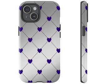 Fundas de teléfono con vibrantes corazones morados, elegante patrón acolchado, diseño de amor con cuadrícula de puntos, corazones 3D brillantes, accesorio tecnológico estético, romántico.