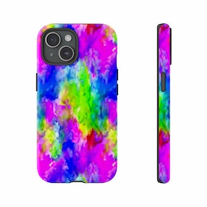 May include: A colorful phone case with a vibrant abstract design. The case features a mix of bright colors, including pink, blue, green, and yellow, creating a watercolor effect. The case is shown from the front and side.