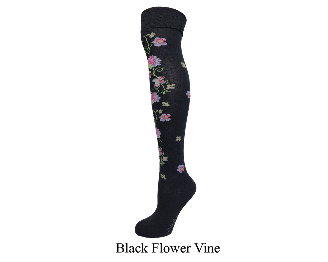 Mysocks Womens Over the Knee Black Base Flower Design Socks - Etsy UK