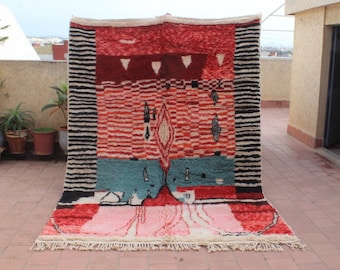 Abstract Red and Colorful Moroccan Beni Ourain Rug | Handcrafted Berber Wool Rug