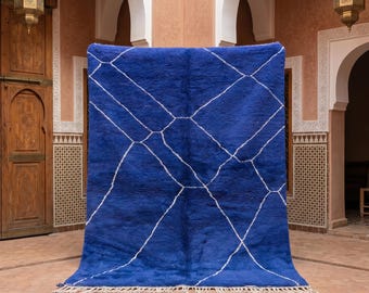 Royal Blue Moroccan Rug, Handmade Berber Wool Area Rug, Diamond Beni Ourain Style Rug, Cobalt Blue Boho Living Room Carpet