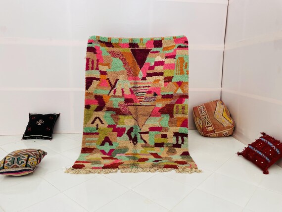 Tapis Berbère Marocain En Laine Mouton 6.5x9.5 Pieds - Motifs Géométriques Colorés - Tissé à La Main - Style Boho Moderne