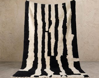 Black and White Stripes Handmade Soft Wool Moroccan Rug – Custom 8x10 Area Rug