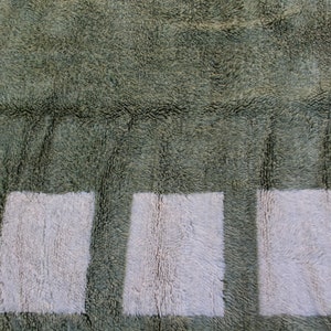 May include: A close-up of a green and white shag rug with a geometric pattern. The rug has a soft, plush texture.