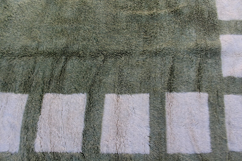 May include: A close-up of a green and white shag rug with a geometric pattern. The rug has a soft, plush texture.