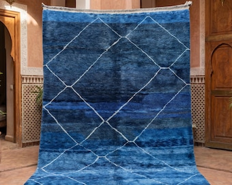 Dark Blue Moroccan Rug, Handmade Berber Wool Area Rug, Navy Diamond Beni Ourain Style Rug, Geometric Boho Living Room Carpet