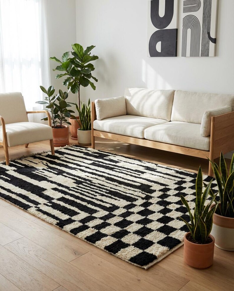 Artistic Beni ourain Rugs for Living Room - handcrafted Moroccan Black and White Rug image 2