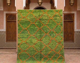 Green Moroccan Rug, Handmade Berber Wool Area Rug, Orange Diamond Beni Ourain Style Rug, Colorful Boho Living Room Carpet