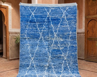 Blue Moroccan Rug, Handmade Berber Wool Area Rug, Diamond Pattern Beni Ourain Style Rug, Shaggy Blue Boho Living Room Carpet