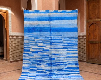 Blue Moroccan Rug, Handmade Berber Wool Area Rug, Abstract Striped Beni Ourain Style Rug, Blue White Boho Living Room Carpet