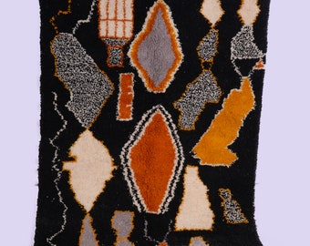 Moroccan Rug Beni Ourain Rug Black & Colorful Abstract Handknotted