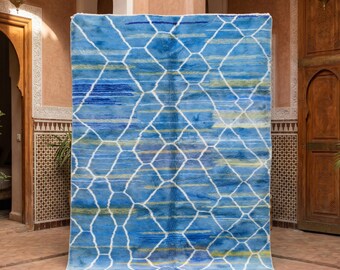 Blue Moroccan Rug, Handmade Berber Wool Rug, Abstract Honeycomb Area Rug, Blue Geometric Moroccan Carpet, Boho Living Room Rug