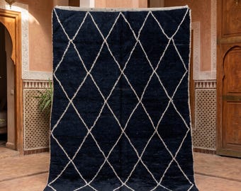Black Moroccan Rug, Handmade Berber Wool Area Rug, Diamond Beni Ourain Style Rug, Charcoal Geometric Boho Living Room Carpet