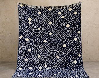 Navy Blue Diamonds Handmade Soft Wool Moroccan Rug – Custom 8x10 Area Rug