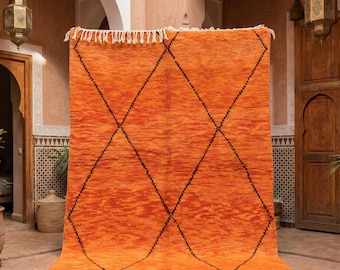 Orange Moroccan Rug, Handmade Berber Wool Area Rug, Burnt Orange Diamond Beni Ourain Style Rug, Boho Living Room Carpet