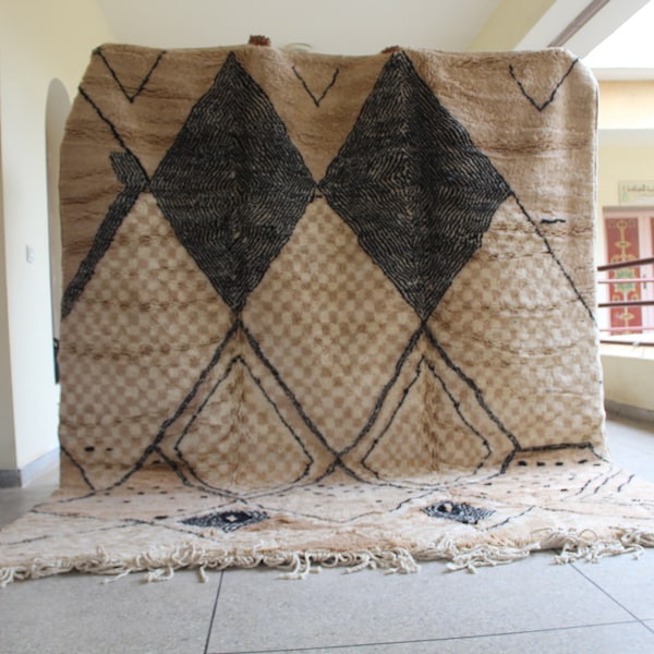 White, Brown, and Black Diamond Moroccan Mrirt Rug | Handcrafted Berber Wool Rug
