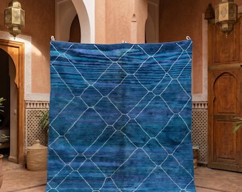 Blue Moroccan Rug, Handmade Berber Wool Area Rug, Teal Geometric Beni Ourain Style Rug, Navy Boho Living Room Carpet