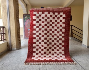 Handcrafted Moroccan Mrirt Rug in Checkered Orange | Authentic Berber Wool Rug