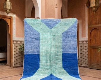 Blue Green Moroccan Rug, Handmade Berber Wool Rug, Abstract Geometric Area Rug, Colorful Azilal Style Rug, Boho Living Room Carpet