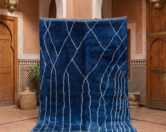 Large Blue Moroccan Rug, Handmade Beni Ourain Style Area Rug, Navy Berber Wool Rug, Minimalist Diamond Rug, Boho Living Room Carpet