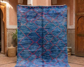 Blue Moroccan Rug, Handmade Berber Wool Area Rug, Red Diamond Geometric Beni Ourain Style Rug, Colorful Boho Living Room Carpet