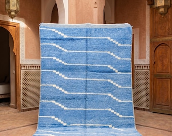 Light Blue Moroccan Rug, Handmade Berber Wool Area Rug, Striped Blue Beni Ourain Style Rug, Minimalist Boho Living Room