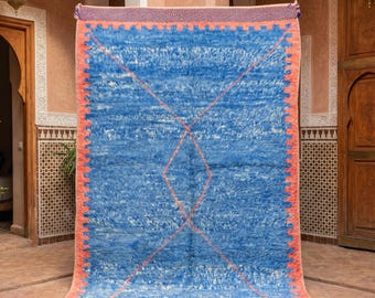 Blue Moroccan Rug, Handmade Berber Wool Area Rug, Pink Border Beni Ourain Style Rug, Colorful Boho Living Room Carpet