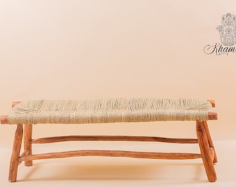 Banc marocain en bois massif et tissage naturel