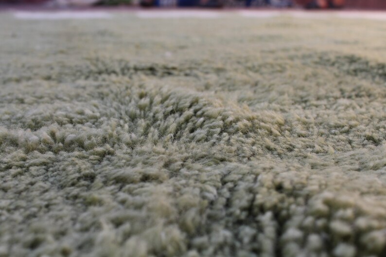 May include: Close-up of a soft, plush, light green rug with a textured surface.