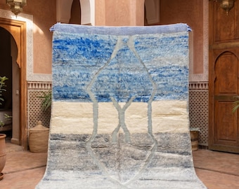 Blue Gray Moroccan Rug, Handmade Berber Wool Area Rug, Abstract Diamond Beni Ourain Style Rug, Neutral Blue Boho Living Room Carpet