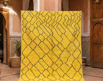Yellow Moroccan Rug, Handmade Berber Wool Area Rug, Geometric Beni Ourain Style Rug, Black Line Boho Carpet, Large Living Room Rug