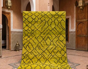 Yellow Moroccan Rug, Handmade Berber Wool Area Rug, Mustard Geometric Beni Ourain Style Rug, Black Diamond Boho Living Room Carpet