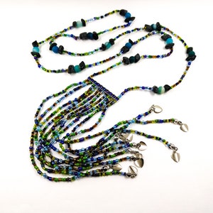 Long Tassel Fringes Necklace Blue Agate Multicolor Seed beads Hearts Charm Boho Hippie Beaded necklace Semi precious stone Blue Green gamut