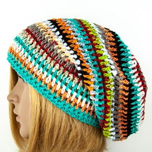 Beanie Cotton Hand Crocheted Mesh Striped Long Oversize Boho Hippie Unisex Slouchy Crochet Beanie Colorful Multicolor Hat
