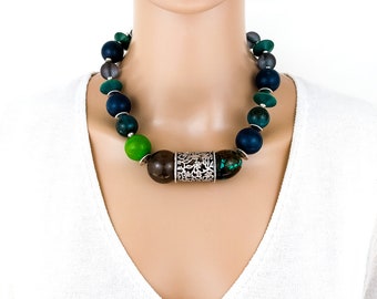 Short Necklace Blue Green Ceramic Wood Glass Metal Big Beads Artisan Beaded Necklace Boho chic Hippie Ethnic Multicolor Necklace