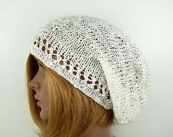 Beanie Cotton Viscose Bouckle Hand knitted Long Oversize Slouchy Hat Boho Hippie Casual Beanie White Cotton Lightweight Summer Beanie