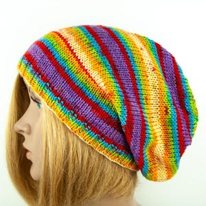 Beanie Hand knitted Striped Unisex Long Slouchy Hat Cap Boho Hippie Multicolor Colorful Bright Colors Hat Beanie