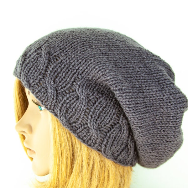 Beanie Wool Tricoté à la main Cable Stitch Oversize Long Beanie Unisex Slouchy Hat Beanie Cap Boho chic Hippie Casual Grey Wool Beanie Hat Cap